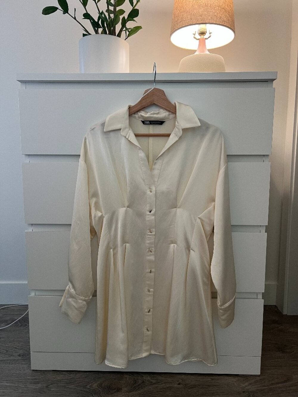 Zara Cream Satin Long Sleeve Shirt Dress - Size Medium - Minimalist Chic